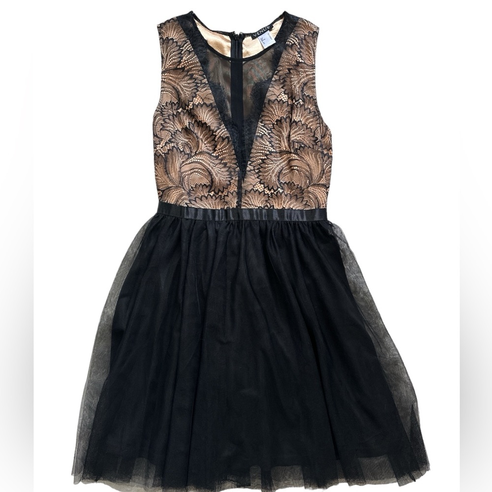 VENUS Black & Tan Lace Overlay Dress Tulle Skirt Sleeveless Deep V